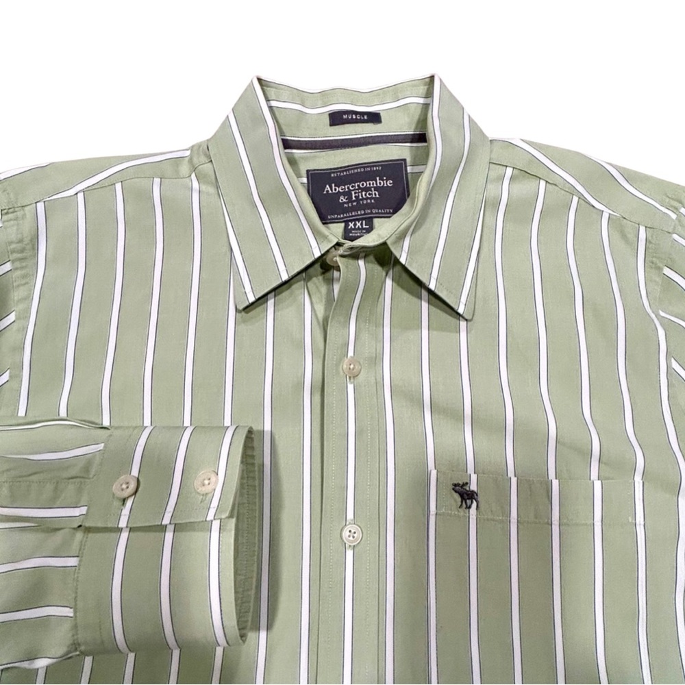 Abercrombie & Fitch Shirt Mens Muscle XXL Lime Green White‎ Striped Button Up